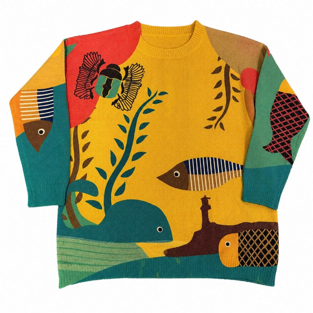 Vintage Ocean Theme Fish Sweater Men’s XL Colorful Crewneck Cotton Wool Knit*